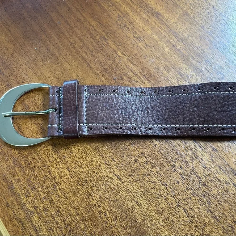 Vintage Garuglieri Wide Leather Belt Made In Italy Brown W/ Gold Tone Buckle XL